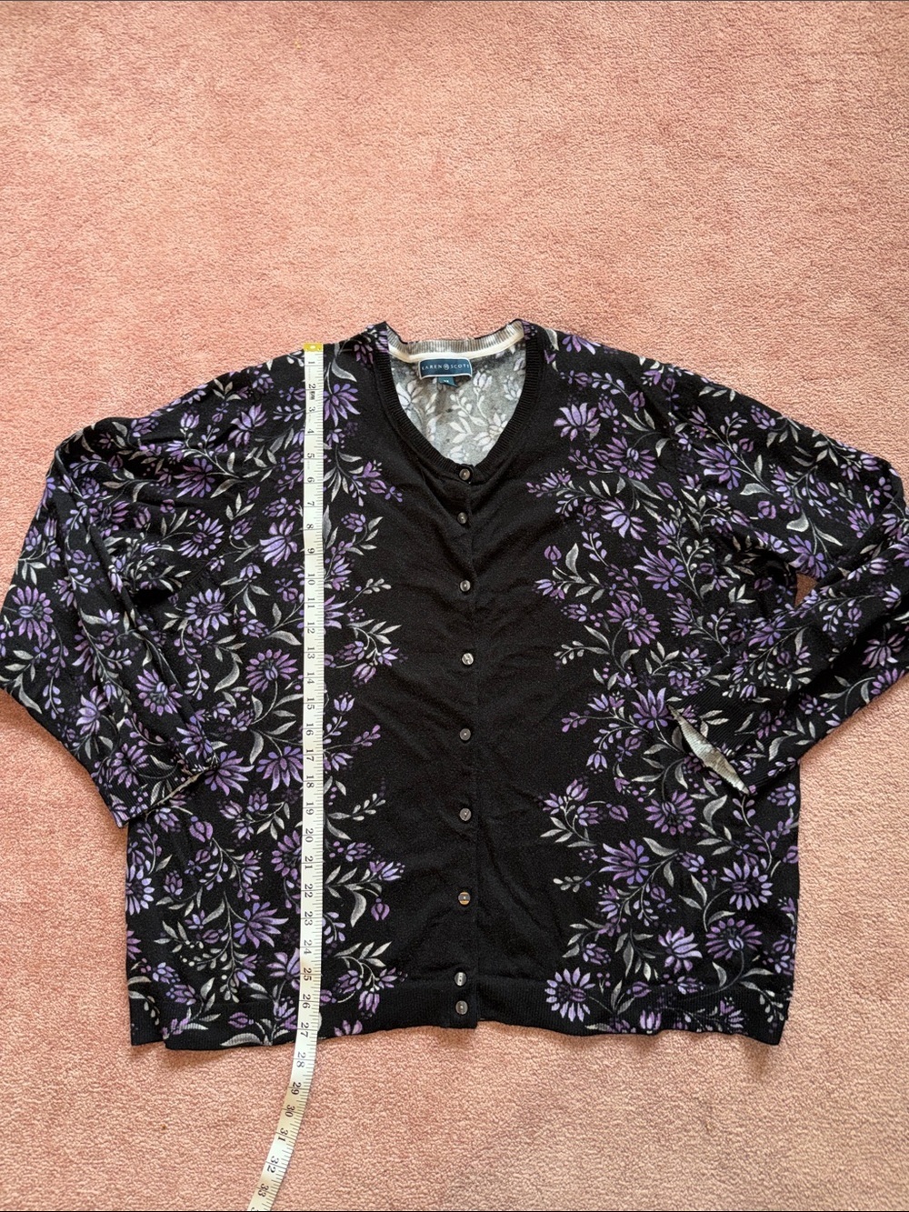 Karen Scott Black Cardigan with Purple Floral Pattern